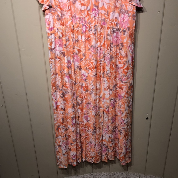 3X low cut lace up coral white floral print maxi dress crochet cut out details - Picture 7 of 14